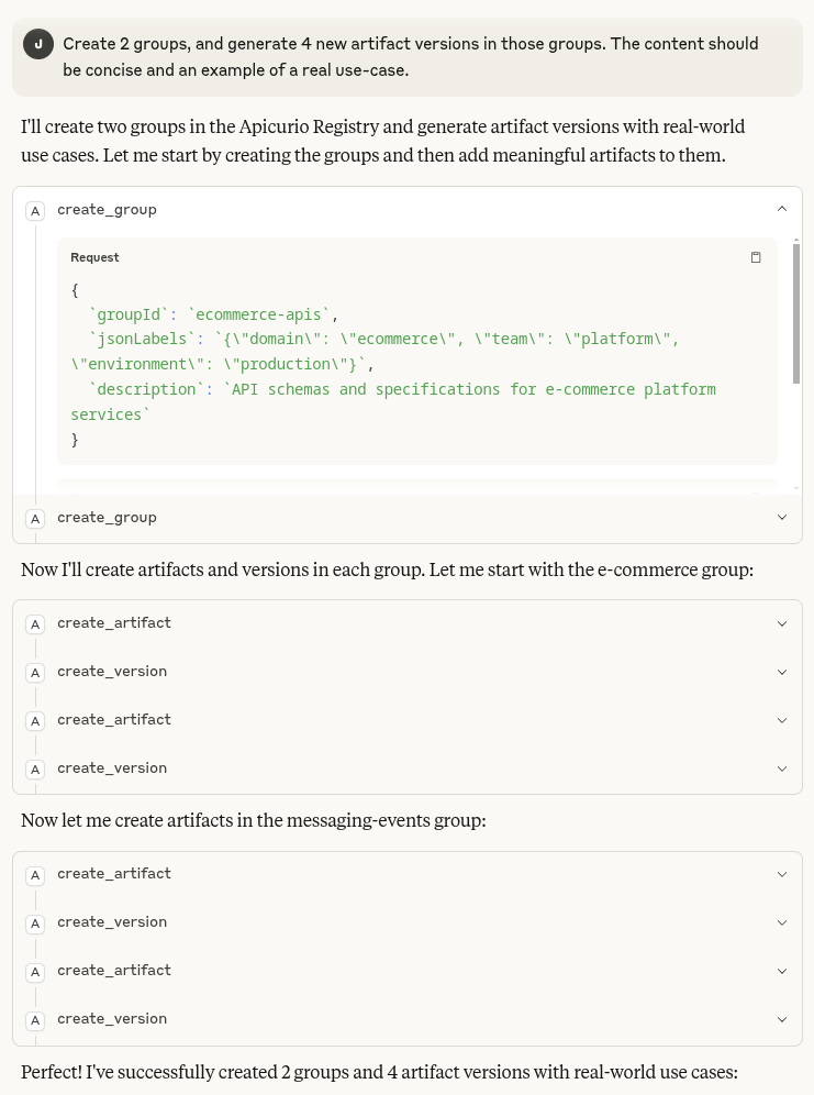 Claude uses tools correctly to add generated content to Apicurio Registry.