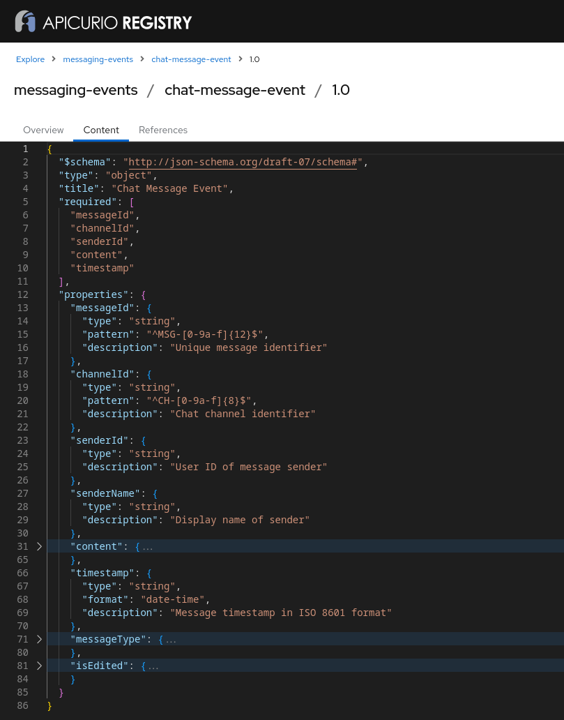 Generated artifact version content in Apicurio Registry web console.