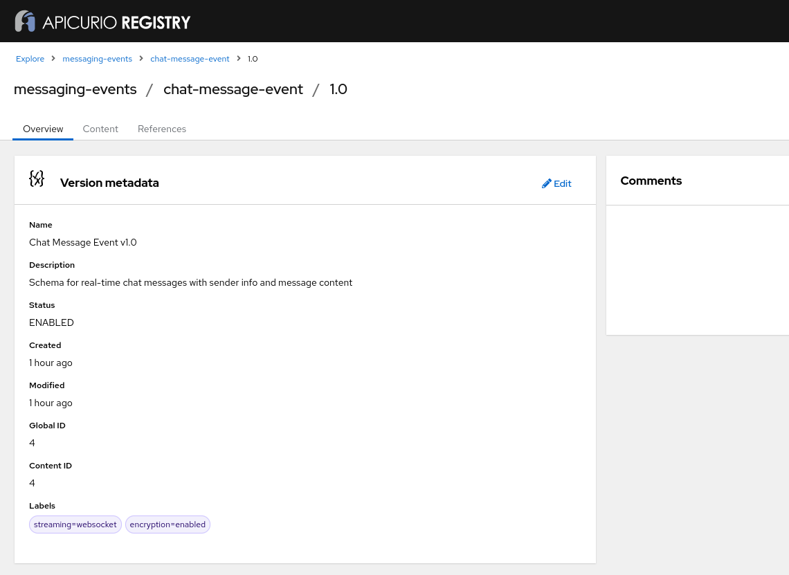 Generated artifact version metadata in Apicurio Registry web console.