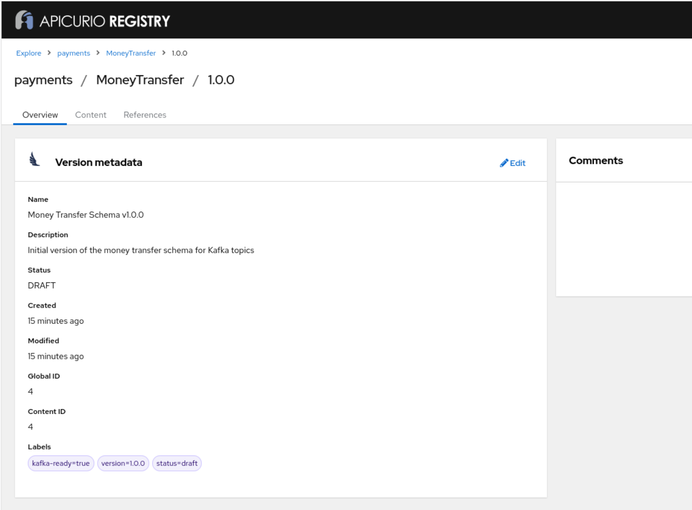 Metadata of the draft artifact version in Apicurio Registry web console.