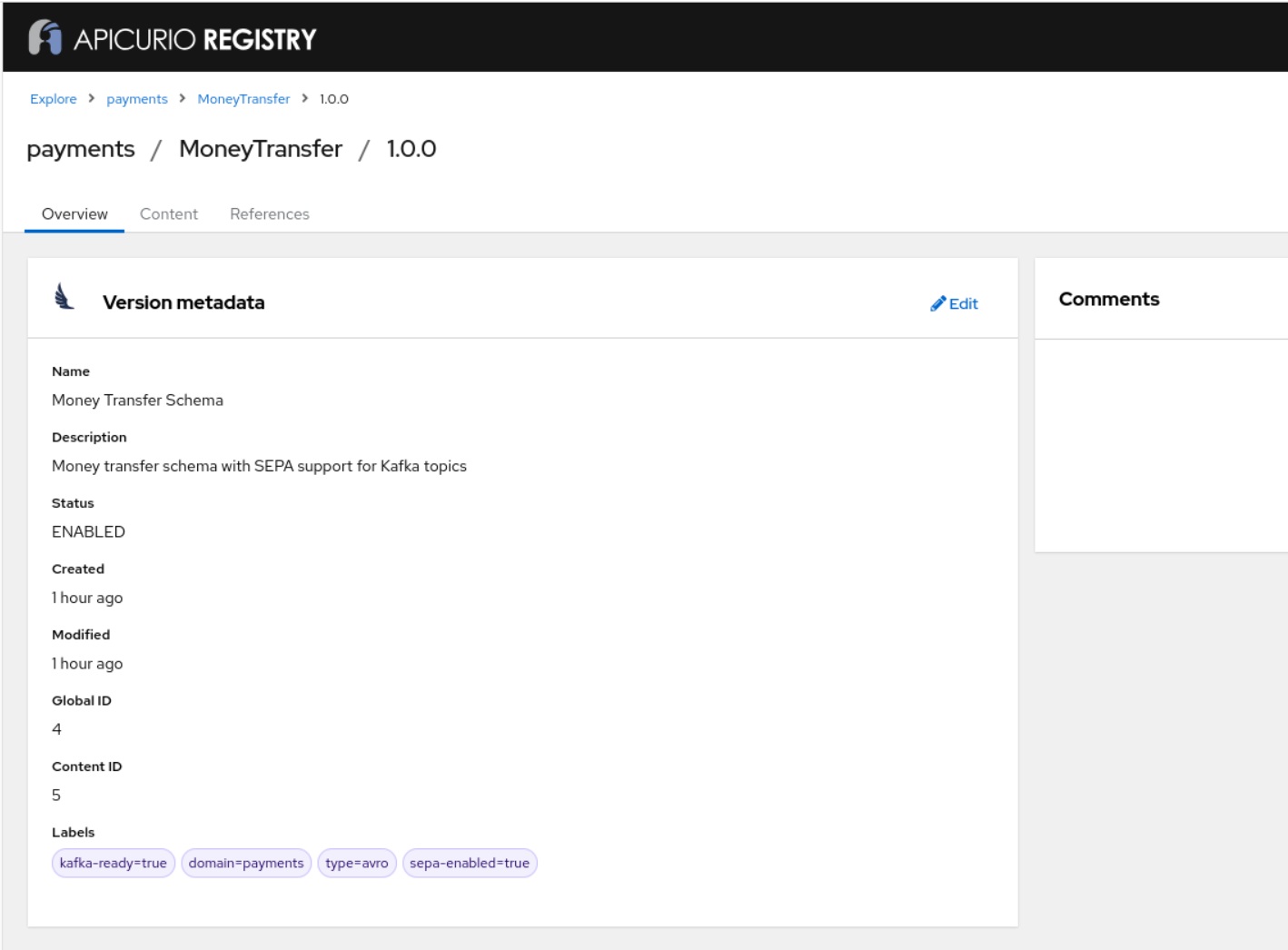 Metadata of the final artifact version in Apicurio Registry web console.