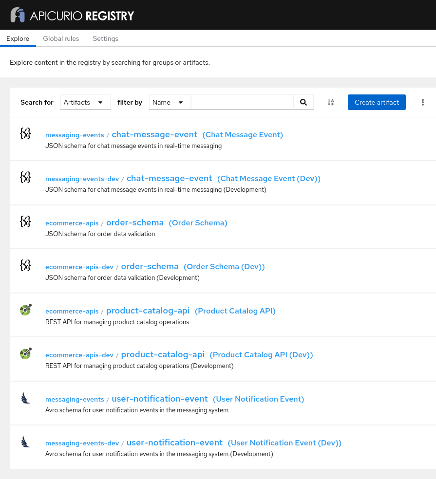 Reorganized group structure in Apicurio Registry web console.