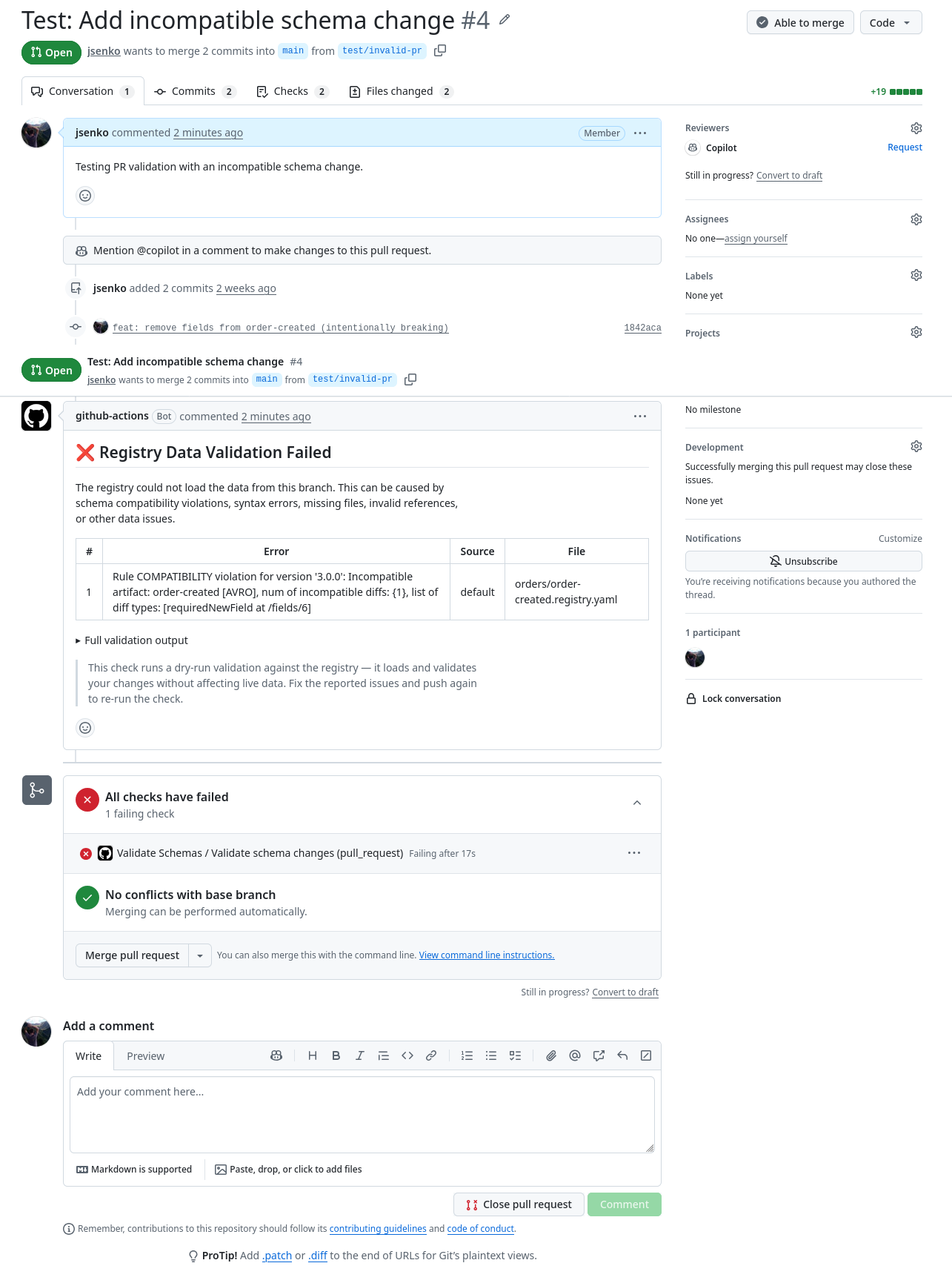 GitHub PR with a failing validation check and an error comment showing the compatibility violation