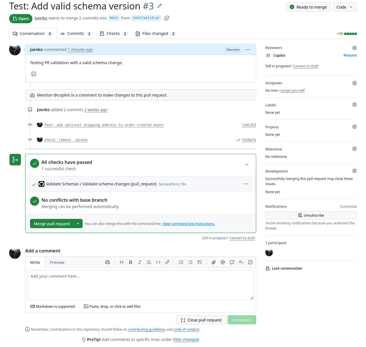 GitHub PR with a passing schema validation check