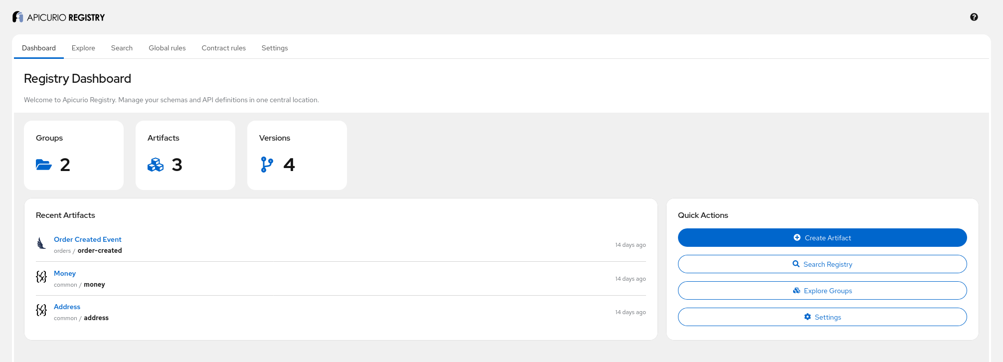 Registry Dashboard showing 2 groups, 3 artifacts, and 4 versions loaded from the example repository