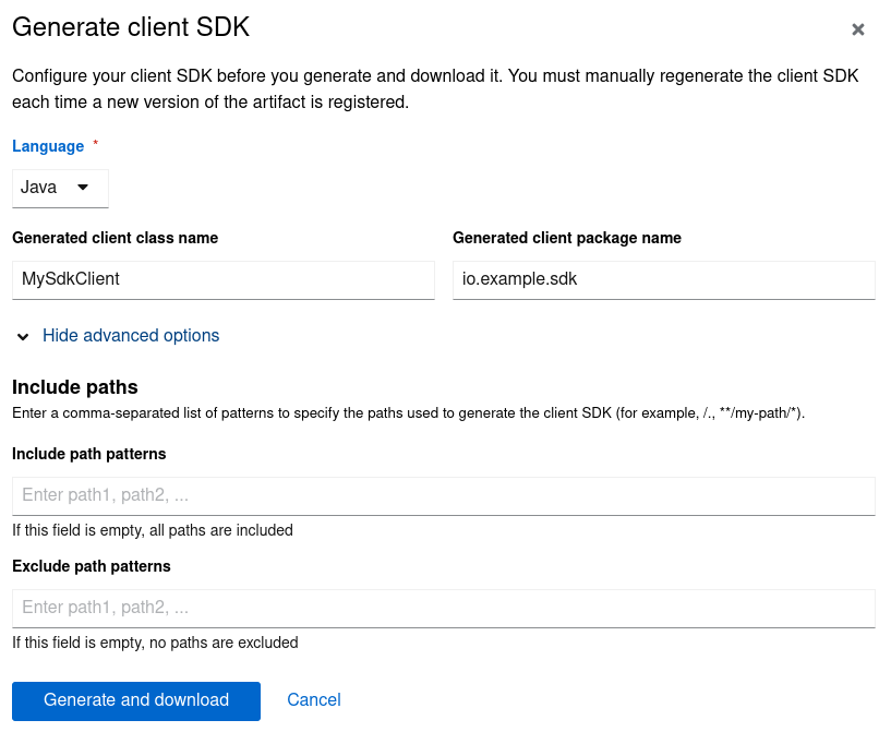 Generate a Java client SDK in the registry web console