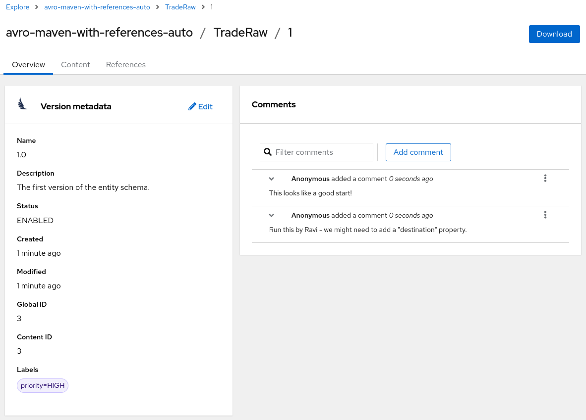 Artifacts in Registry web console