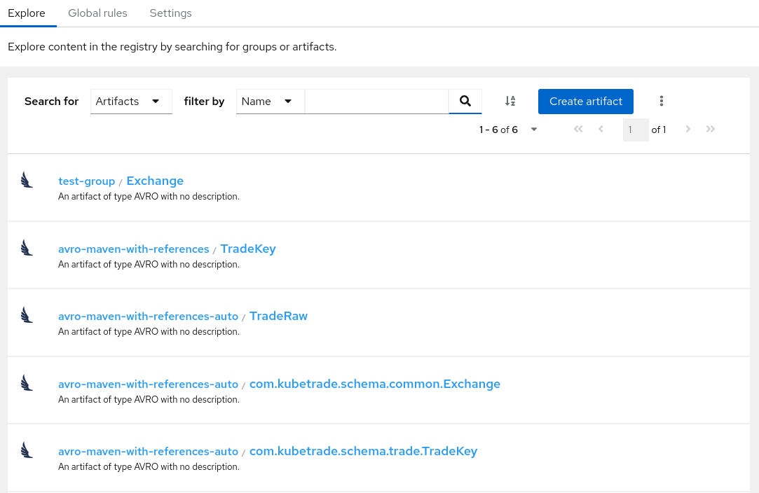 Artifacts in Registry web console